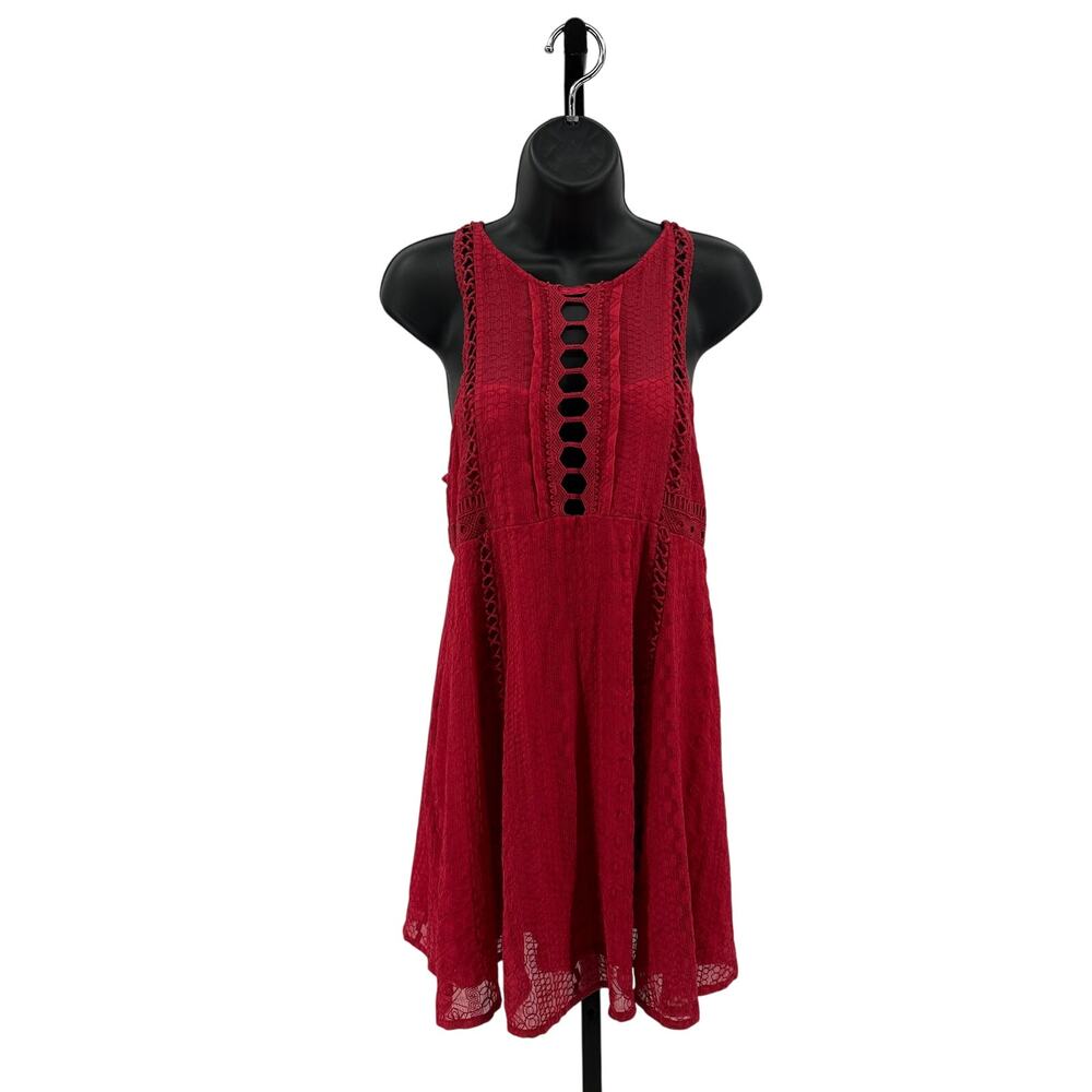 Free People Sundress WMNS 8 Red Lace Keyhole Cutout Mini Sleeveless Vintage Boho